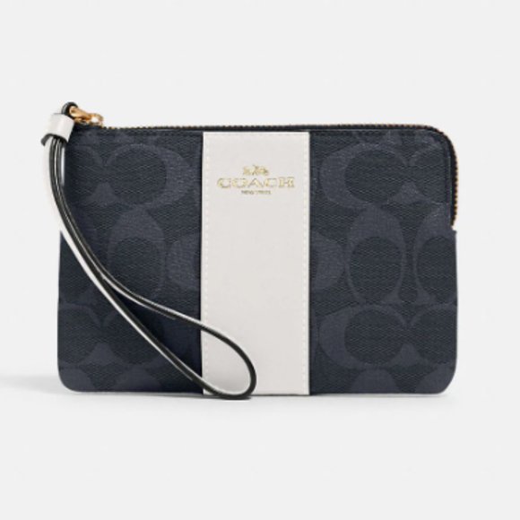 Coach Handbags - NWT Coach Corner Zip Wristlet In Signature Canvas Blue & White Gold
